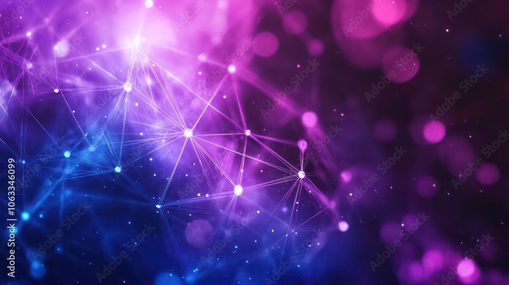 The background features a purple and blue abstract pattern, glowing geometric shapes connected by lines, a network or stock theme, and an interconnected complex pattern with triangles and dots The background features a purple and blue abstract pattern, glowing geometric shapes connected by lines, a network or stock theme, and an interconnected complex pattern with triangles and dots