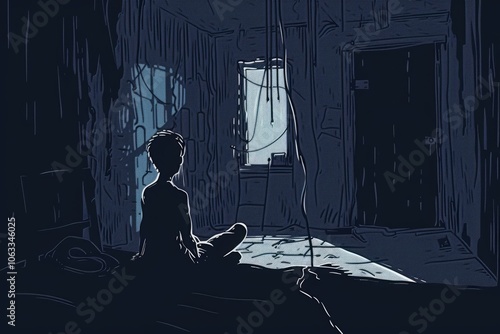 A dramatic depiction of a person struggling with withdrawal symptoms in a dark, isolated room ,vectorline design , illustration photo