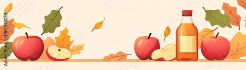 Fresh apples with cider bottle, warm seasonal scene, flat design illustration