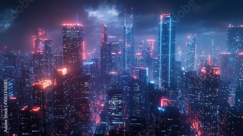 A stunning portrayal of a neon-lit futuristic city with towering skyscrapers surrounded by clouds, representing an imaginative, tech-oriented urban environment.