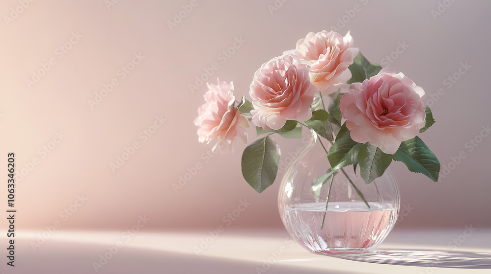 beautiful arrangement of pink roses in clear glass vase, showcasing elegance and freshness. beautiful arrangement of pink roses in clear glass vase, showcasing elegance and freshness.