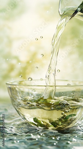 Refreshing Herbal Tea Being Poured Into a Glass Bowl