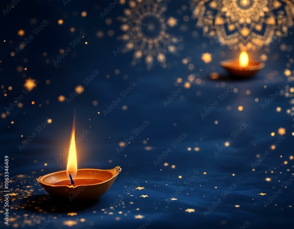 Luxurious Dark Navy Blue Background with Gold Geometric Patterns and Glowing Diyas for Festive Celebrations - Oriental Celestial Theme Luxurious Dark Navy Blue Background with Gold Geometric Patterns and Glowing Diyas for Festive Celebrations - Oriental Celestial Theme