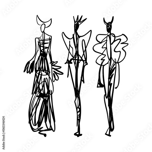 Podium abstract women with hat black ink brush fashion week design clothing sketch. Fashionable models hand drawn illustration, stylized inky brush silhouette isolated on white background clipart