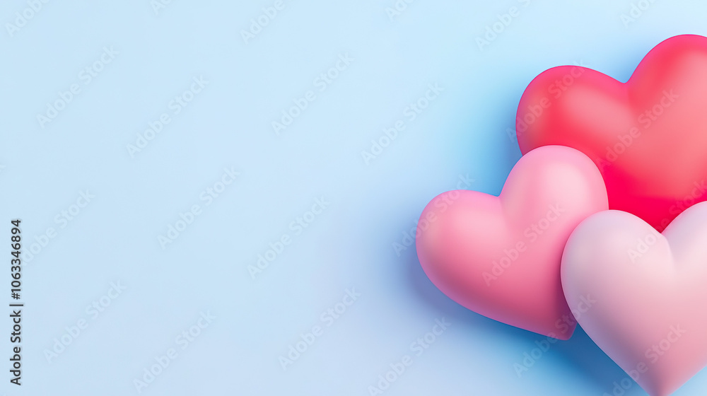 Colorful hearts on soft blue background create cheerful and romantic atmosphere. Colorful hearts on soft blue background create cheerful and romantic atmosphere.