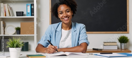 African American woman sits productively at her modern office desk with notebooks computer and writing utensil photo