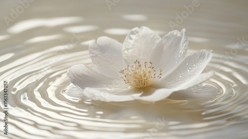 A single white flower petal floating on rippling water, creating a serene and minimalistic composition