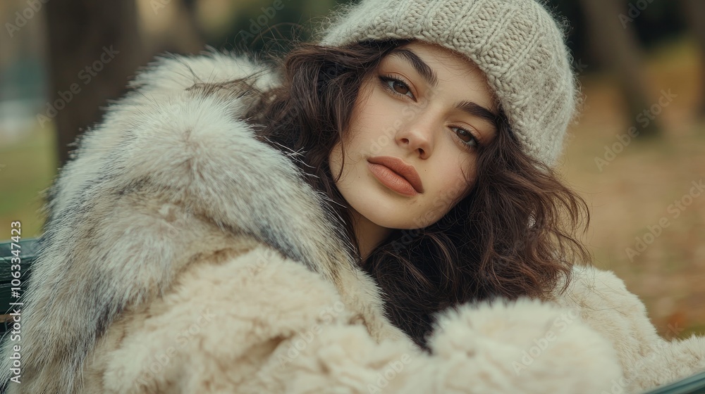 A young woman with curly hair wearing a vintage fur coat and a knitted hat, seated outdoors in a park with autumn leaves in the background A young woman with curly hair wearing a vintage fur coat and a knitted hat, seated outdoors in a park with autumn leaves in the background