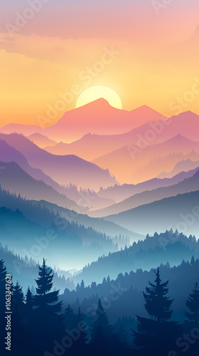 A stunning sunset over layered mountains with silhouetted trees, casting vibrant hues of orange, pink, and purple in the sky.