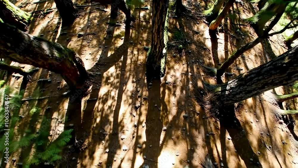 Sunlight streaming through a thick canopy of pine trees casts intricate ...