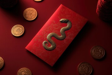 Red envelope decorated with golden snake and surrounded by coins, celebrating the lunar new year