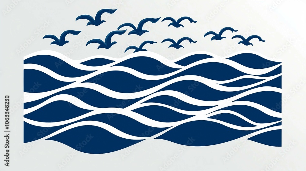 Blue Abstract Wave Design with Birds Silhouette Blue Abstract Wave Design with Birds Silhouette