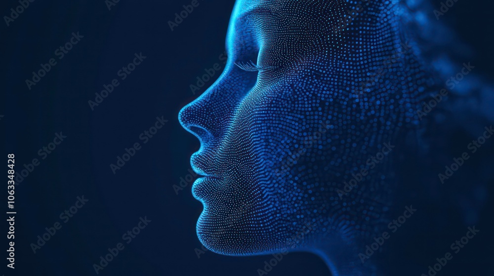 The concept of big data and stocks. The concept of machine learning and cyber mind dominance in the form of a woman's face on a dark blue background, 3D illustration. The concept of big data and stocks. The concept of machine learning and cyber mind dominance in the form of a woman's face on a dark blue background, 3D illustration.
