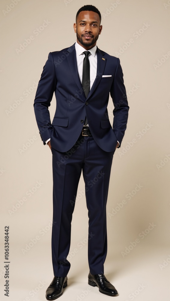 A handsome African American man is depicted as a successful businessman in stylish suit attire A handsome African American man is depicted as a successful businessman in stylish suit attire