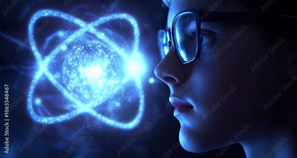 Fototapeta premium A young scientist in glasses is contemplating the structure of an atom, which glows on one side and has numerous connecting lines with other particles
