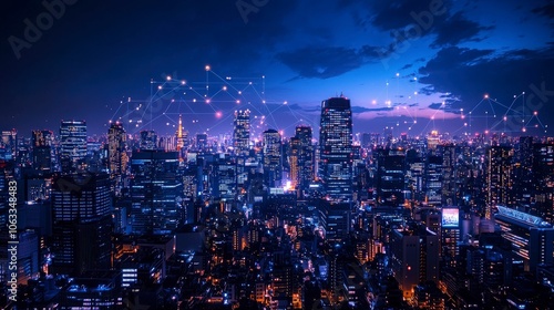 An advanced urban landscape featuring high-tech skyscrapers adorned with vibrant lighting effects, representing modern connectivity and digital integration at dusk.