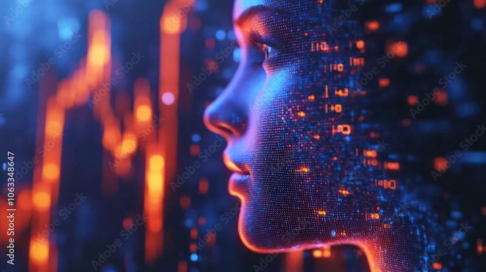 A digital representation of a human face with data patterns, symbolizing technology and AI. A digital representation of a human face with data patterns, symbolizing technology and AI.