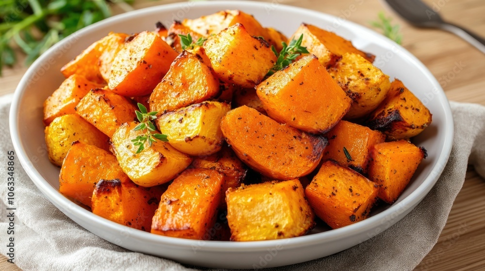 Close up of a bowl filled with an assortment of roasted beta carotene rich vegetables including squash carrots and sweet potatoes showcasing a striking depth of field effect Close up of a bowl filled with an assortment of roasted beta carotene rich vegetables including squash carrots and sweet potatoes showcasing a striking depth of field effect