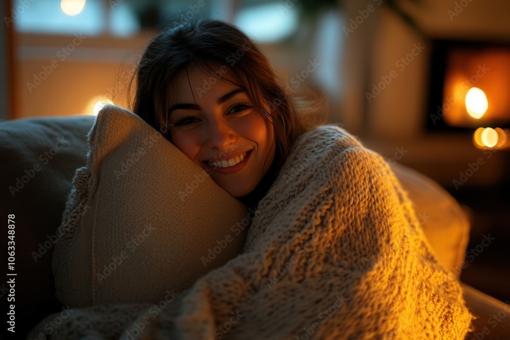 Young woman enjoying a cozy evening at home, wrapped in a warm blanket and hugging a pillow by the fireplace Young woman enjoying a cozy evening at home, wrapped in a warm blanket and hugging a pillow by the fireplace