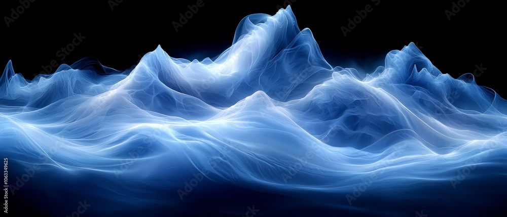 Abstract representation of flowing waves in shades of blue against a black background. Abstract representation of flowing waves in shades of blue against a black background.