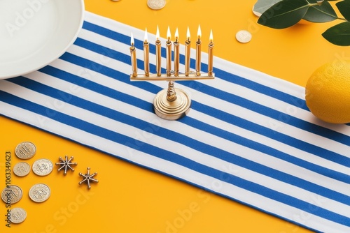 Holiday-themed Hanukkah table setting decorations concept. A colorful table setting featuring a menorah coins and a lemon creating a festive atmosphere likely related to a Jewish celebration photo