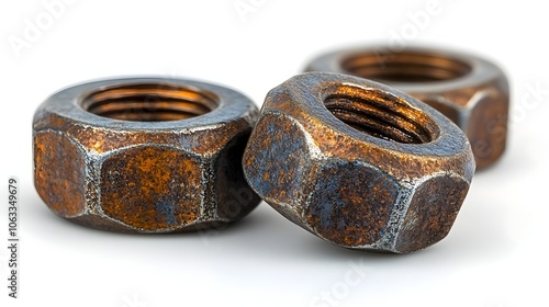 Closeup of various weathered and grungy rusty metal nuts and bolts on an aged,industrial-style textured background. Concept of hardware,machinery,and construction equipment.