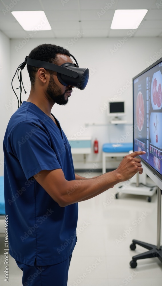 African-American doctor engages with virtual reality technology within a hospital setting to visualize and manipulate medical data African-American doctor engages with virtual reality technology within a hospital setting to visualize and manipulate medical data