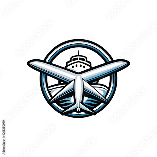 Design a logo featuring a seamlessly interwoven airplane and ship icon, representing a company that bridges air and sea travel.