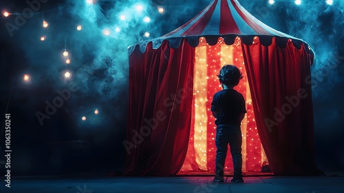 Curious Child Pondering Fortune Teller s Mystical Carnival Tent at Night photo