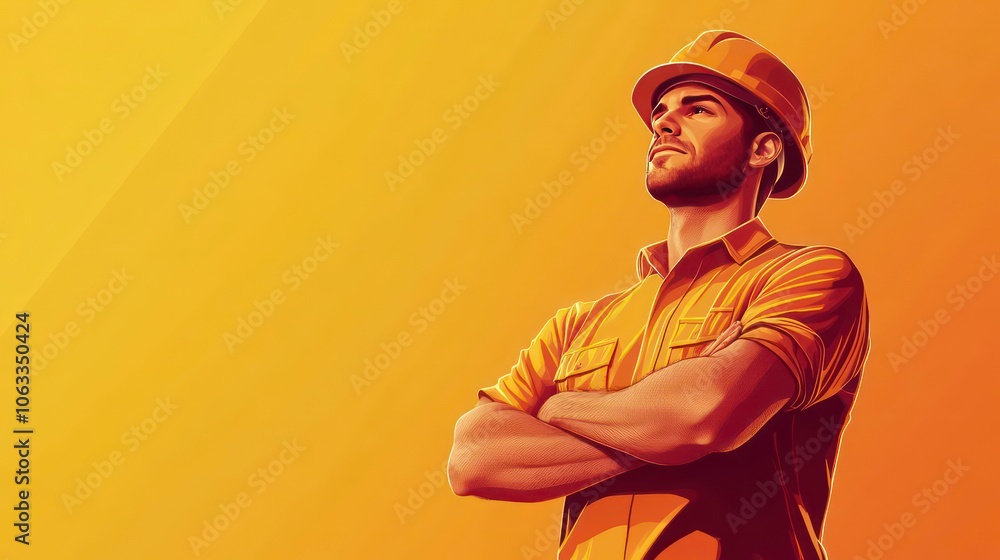 A confident construction worker in a yellow shirt and hard hat, gazing upward against a golden backdrop. A confident construction worker in a yellow shirt and hard hat, gazing upward against a golden backdrop.