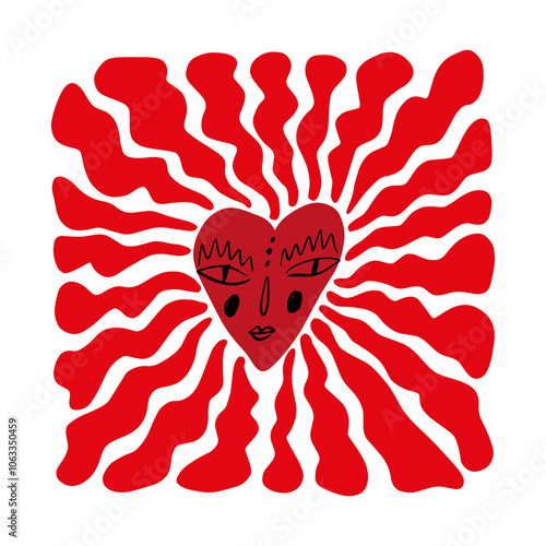 Vector cute red monster heart with face. Lovely romantic fashion style modern Valentines day groovy boho print, holiday design, nursery naive primitive stylized drawing. Hand drawn kids painting. Flat