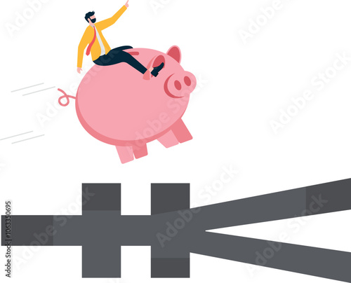 Businessman jumping through falling Yen Symbol gap…

