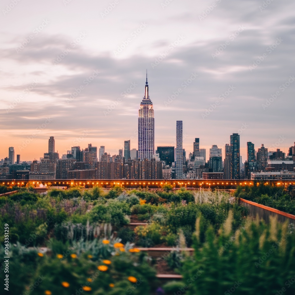 Obraz premium A vibrant rooftop garden with a skyline view at sunset.