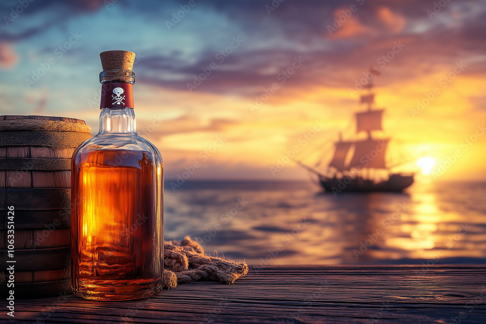 Obraz premium A bottle of old pirate rum on a table on ship floating in the sea. background..