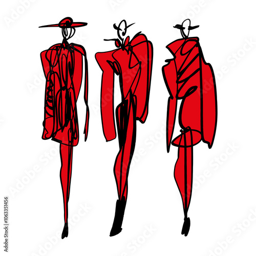 Podium abstract women with hat black red ink brush fashion week design clothing dresses sketch. Fashionable models hand drawn illustration, stylized inky brush silhouette isolated on white background