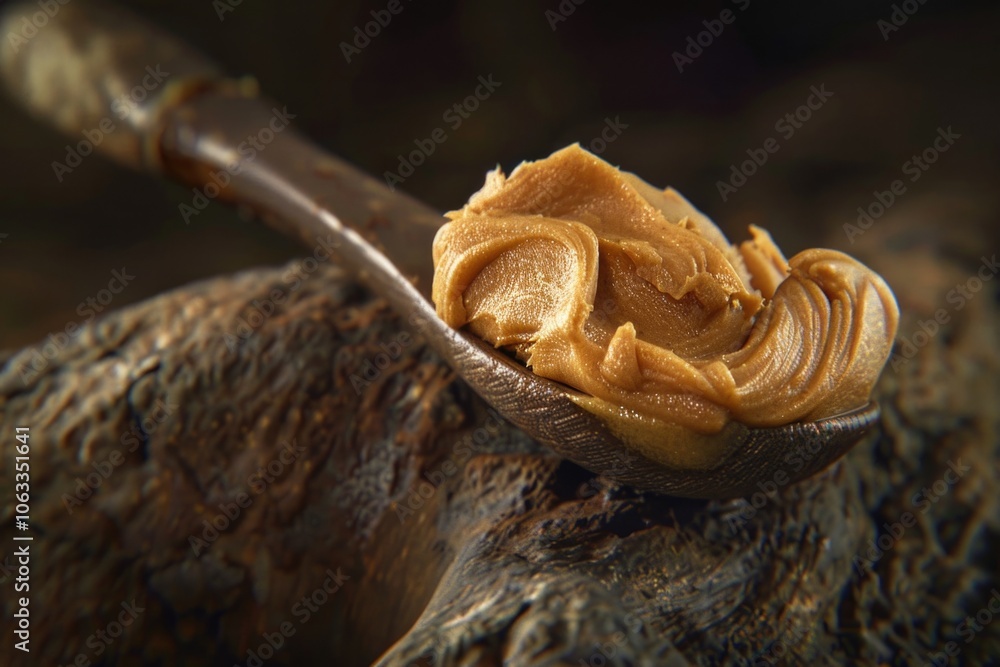 A spoon filled with creamy peanut butter resting on a natural rock surface A spoon filled with creamy peanut butter resting on a natural rock surface