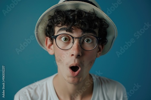 A person with a hat and glasses looks surprised, ideal for adding humor to an ad or illustration