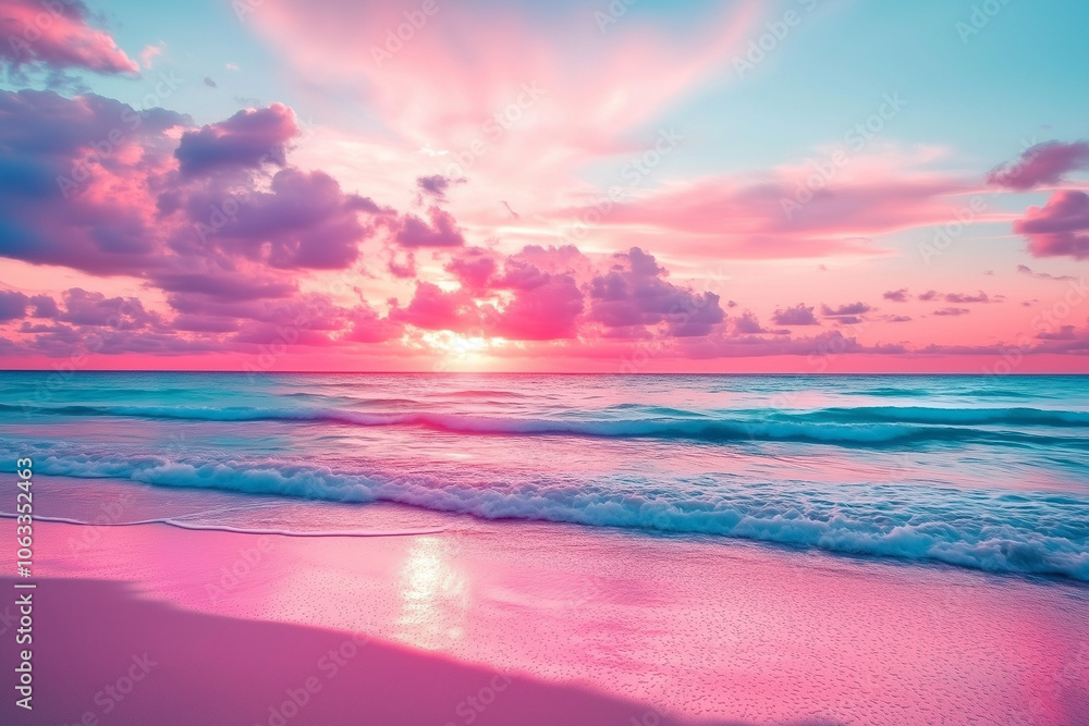 Vibrant Tropical Sunset Over Pastel Pink Beach with Turquoise Ocean Waves and Cotton Candy Clouds Creating a Dreamy Seascape in a Serene Atmosphere






