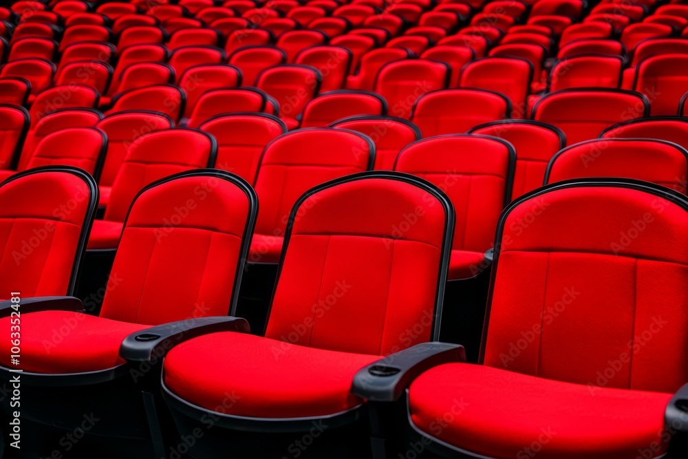 Fototapeta premium Rows of empty red cinema seats in a theater with a focus on comfort and design.