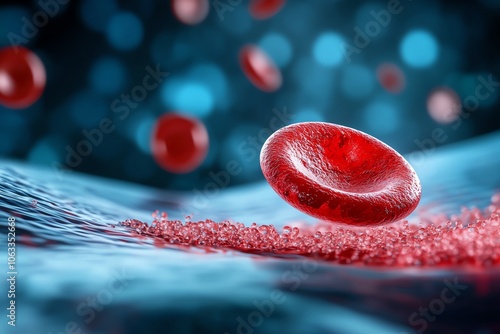 Close-up of a red blood cell surrounded by blood plasma, showcasing the intricate details of its structure and movement in the body. photo