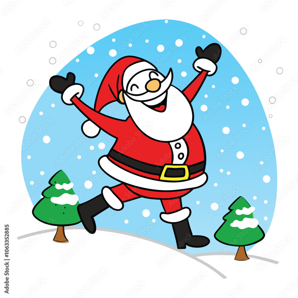 Naklejka premium a cartoon illustration of Santa Claus in a snowy landscape