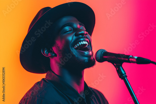 Vibrant Portrait of an African American Male Singer in a Wide-Brimmed Hat Singing Passionately Under Neon Lighting with a Colorful Orange to Pink Gradient Background