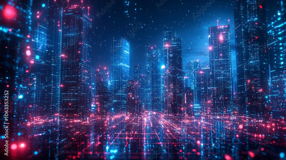 A vibrant futuristic cityscape illuminated with blue and red neon lights, representing a modern technological metropolis with an abstract digital overlay. A vibrant futuristic cityscape illuminated with blue and red neon lights, representing a modern technological metropolis with an abstract digital overlay.