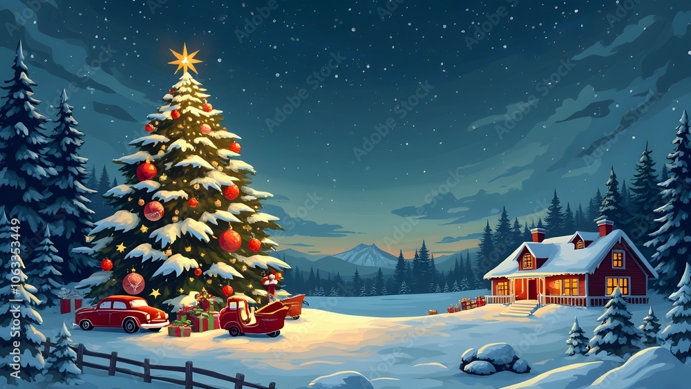 Christmas scene in snowy forest under starry sky background Christmas scene in snowy forest under starry sky background