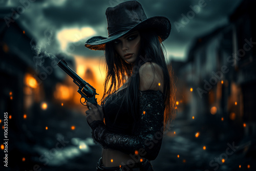 A cowgirl girl with a revolver in her hands on the streets of an old wild west town background..