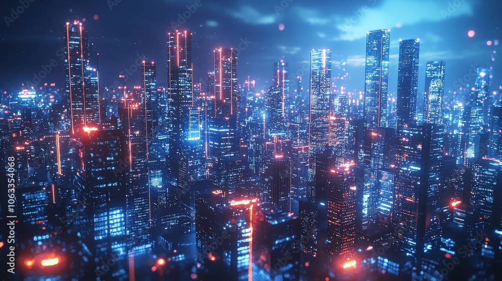 A dynamic cityscape where towering skyscrapers are drenched in vibrant blue and red lighting, reflecting a sense of futuristic transportation and urban growth. A dynamic cityscape where towering skyscrapers are drenched in vibrant blue and red lighting, reflecting a sense of futuristic transportation and urban growth.