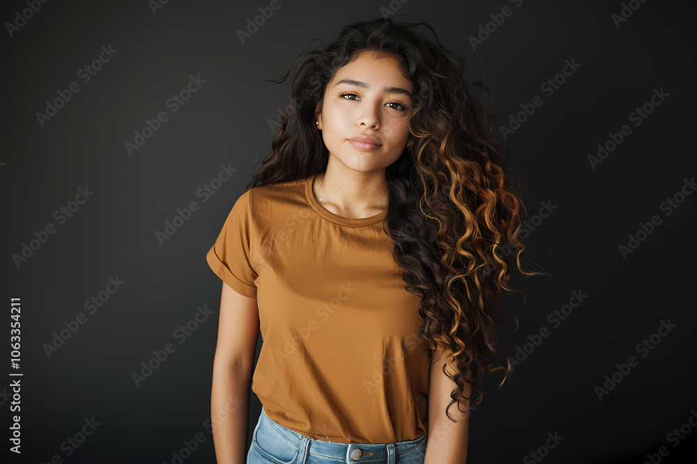 A young Hispanic woman with beautiful curly hair poses confidently against a dark background, wearing a brown shirt and jeans. A young Hispanic woman with beautiful curly hair poses confidently against a dark background, wearing a brown shirt and jeans.