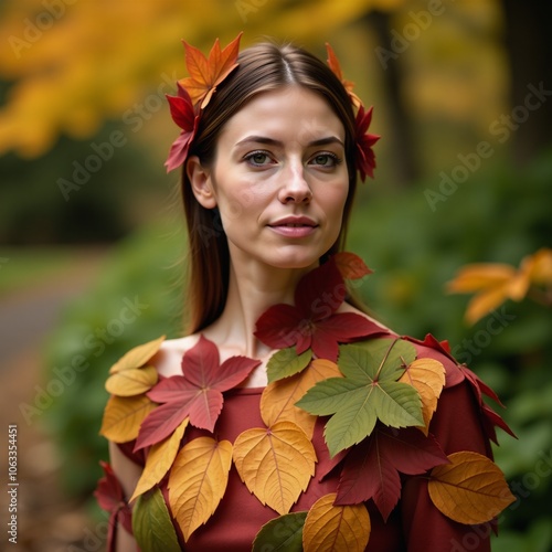 Image of woman composed entirely from autumnal foliage amidst a natural setting photo