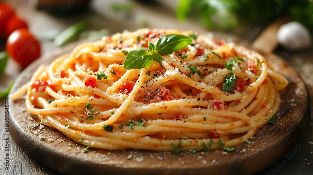 Fototapeta premium Delicious spaghetti pasta dish with traditional Bolognese sauce,topped with fresh green basil leaves and grated Parmesan cheese,served on a rustic wooden plate. Italian cuisine concept with homemade.