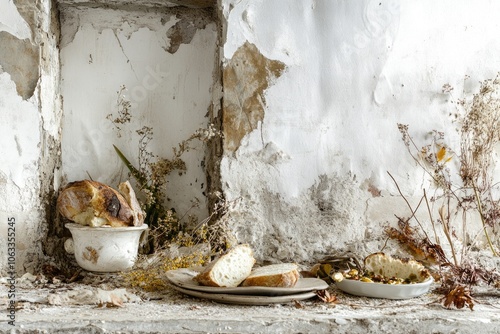 A bunch of bread sitting on a table, ready to be served or consumed photo